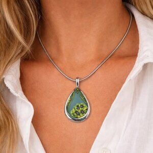 Artisan Handcrafted Tear-drop Pendant with Silver-Toned 11" Chain Necklace